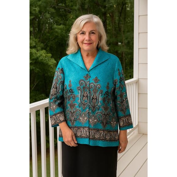 Joni B Tops - Joni B Turquoise Crinkle Button Down Blouse Dressy Silky Printed Women’s Size L